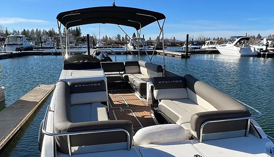 A pontoon boat with comfortable seating is docked at a marina on a clear day.