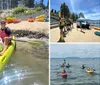 Two smiling people one holding a paddle and the other holding a dog are seated in a bright yellow kayak near a beach with other colorful kayaks and beachgoers in the background