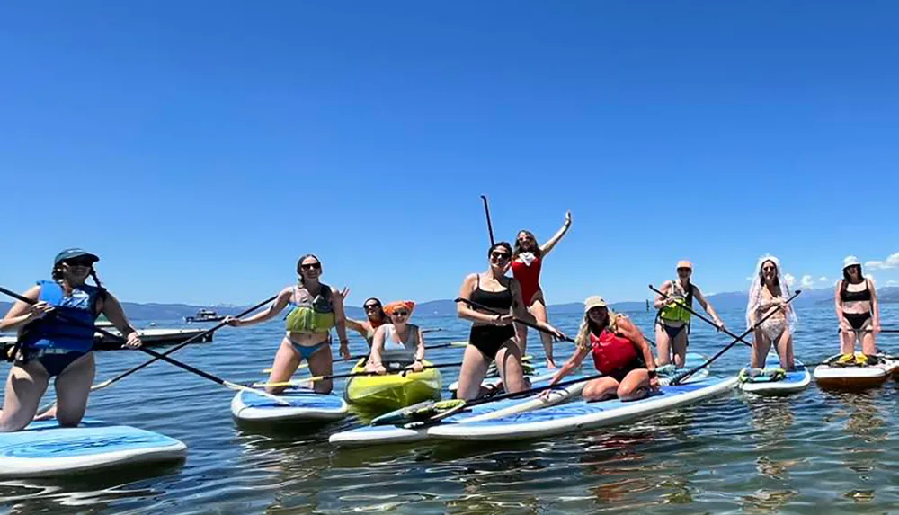 A group of people is enjoying stand-up paddleboarding on a sunny day with clear blue skies over a calm body of water