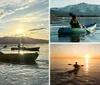 Three people are kayaking on a serene lake with mountains in the background as the sun sets creating a tranquil scene