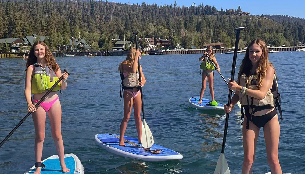 Three people are enjoying paddleboarding on a clear day in a calm lake with a scenic backdrop of pine trees and lakeside houses