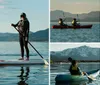 Two people are enjoying water sports on a calm lake with mountains in the background one kayaking and the other paddleboarding