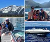 A family is smiling and enjoying a sunny day on a boat with a scenic mountainous backdrop