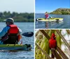 A person is casually seated on a yellow kayak enjoying the calm waters near a green-covered coastline under a clear blue sky