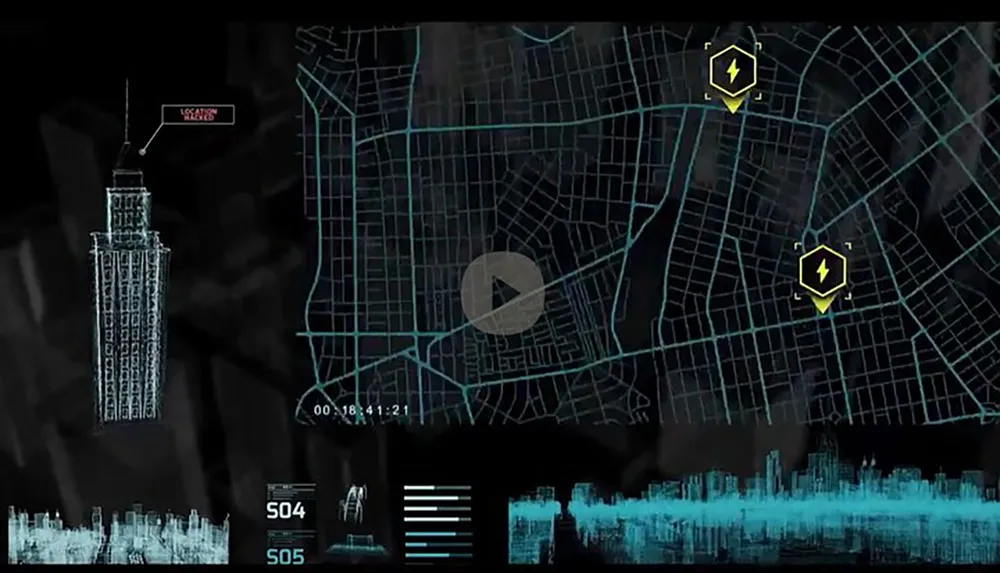 The image shows a stylized digital interface with a blueprint-like representation of a cityscape highlighting a notable building on the left and incorporating multimedia elements such as a play button and other graphical indicators