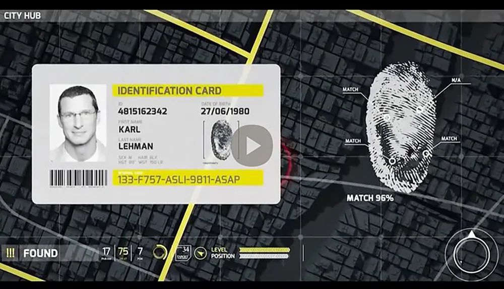 The image features a simulated interface showing a fingerprint analysis with a 96 match next to an identification card for a person named Karl Lehman set against a stylized digital background