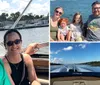 Two people are smiling for a selfie on a boat with waterfront properties in the background