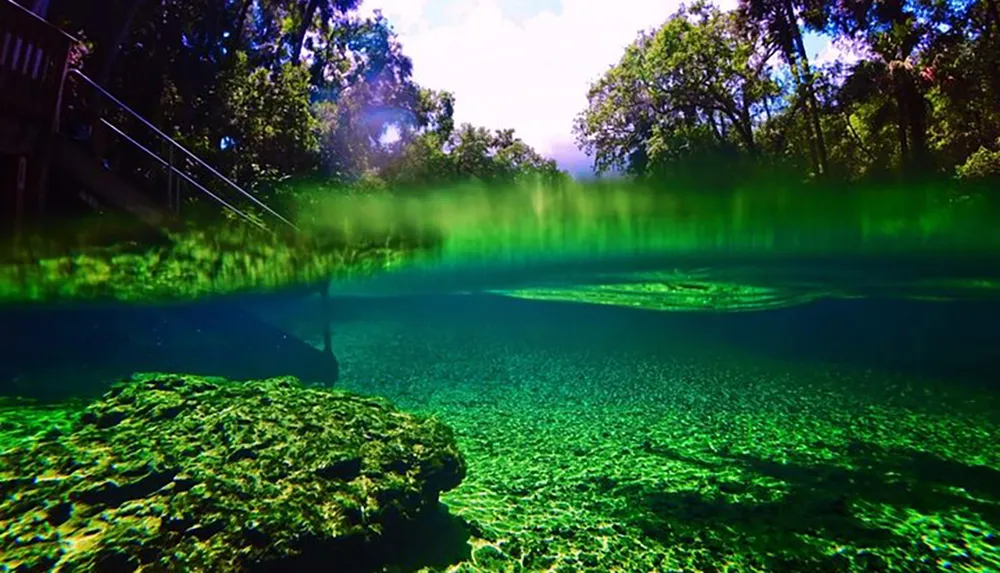 This image depicts a split view of a clear greenish-blue freshwater spring with sunlight streaming through the trees above and a rich underwater landscape below