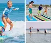 Two children are happily surfing together on a bright sunny day at the beach