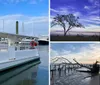 This collage features four different coastal scenes including a boat at a pier a solitary tree against a twilight sky waterfront homes on stilts and a sunset view from a dock with a destroyed structure in the water