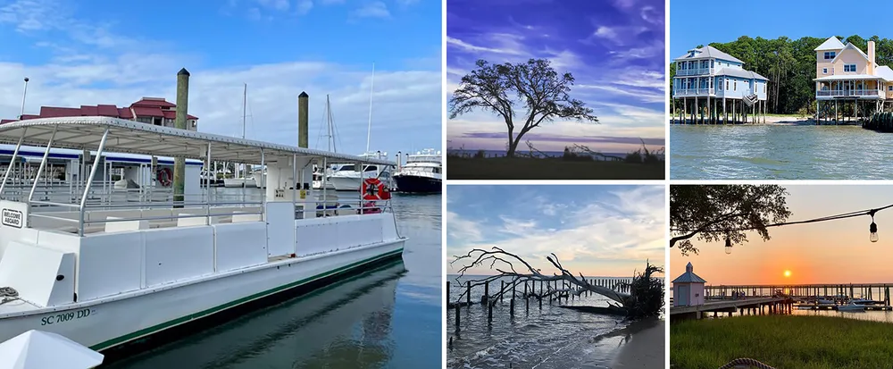 This collage features four different coastal scenes including a boat at a pier a solitary tree against a twilight sky waterfront homes on stilts and a sunset view from a dock with a destroyed structure in the water