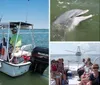 A group of people are enjoying a boat ride on a clear day in a vessel named Osprey Adventurer powered by a Suzuki outboard motor