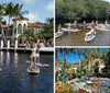 A group of people is enjoying stand-up paddleboarding in a sunny calm waterway with a luxurious mansion and a yacht in the background