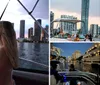 A woman is admiring a sunset from a boat with a city skyline in the background