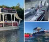 A pontoon boat with passengers is cruising near a lush shoreline under bright sunlight