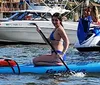 This image is a collage of people enjoying water activities such as paddleboarding and jet skiing in sunny picturesque surroundings