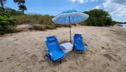 Two blue beach chairs and a cooler are set beneath a patterned umbrella on sandy beach terrain with vegetation in the background.
