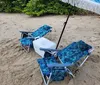 Two blue beach chairs and a cooler are set beneath a patterned umbrella on sandy beach terrain with vegetation in the background