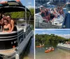 A group of people are enjoying a sunny day on the water with some sitting on a boat and others on a floating mat near the shore