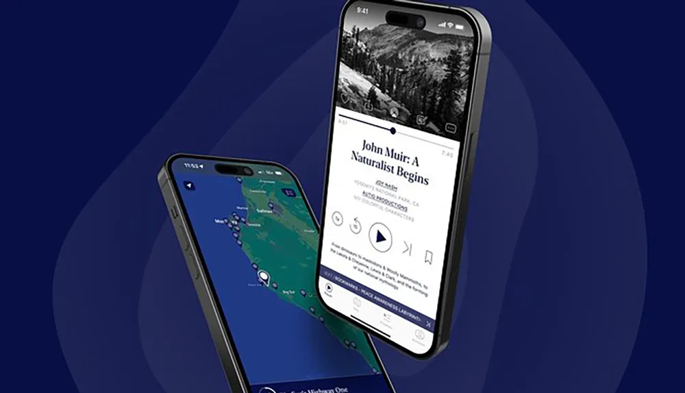 Two smartphones are displayed against a blue background one showing a map application and the other featuring a multimedia guide about John Muir a naturalist