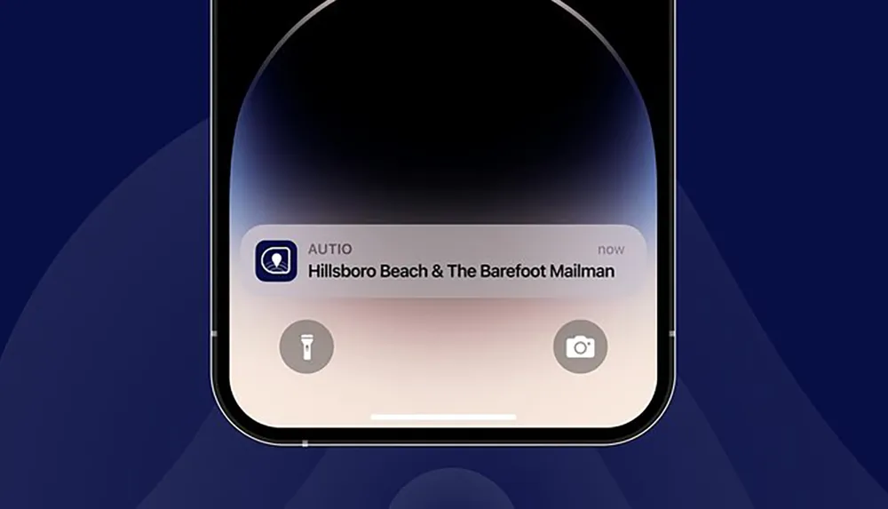 This image shows a smartphone notification from the AUTIO app with the text Hillsboro Beach  The Barefoot Mailman displayed on the screen