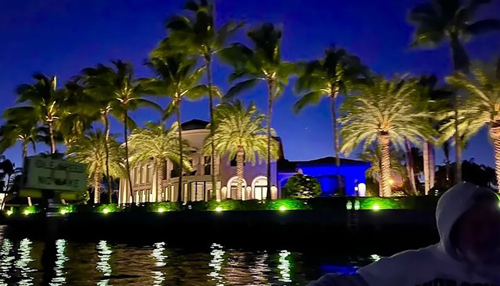 The image shows a nighttime view from a boat of an illuminated luxurious waterfront house with tall palm trees a clear sky and a person in the foreground partially visible wearing a hooded sweatshirt