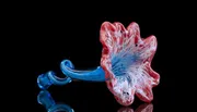 The image shows a beautifully crafted glass sculpture with vibrant blue and red colors, resembling a sea creature or flower, reflected on a dark surface.