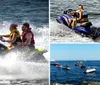 Two people are riding a jet ski across choppy water creating a spray behind them