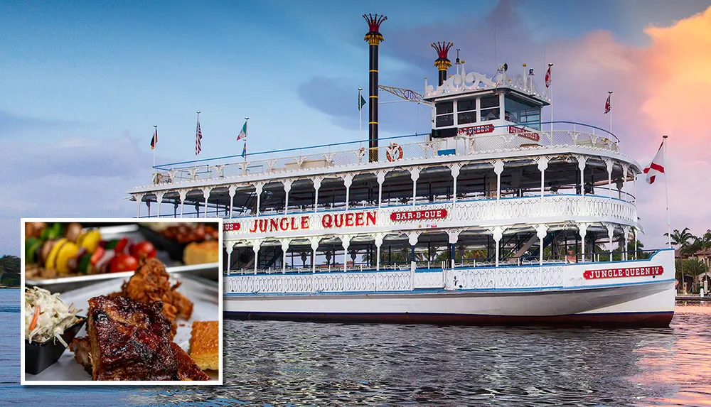 A riverboat named Jungle Queen IV offers barbeque dining experiences as indicated by the inset images of various grilled foods