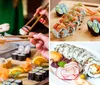 A person is preparing sushi by rolling ingredients in seaweed on a bamboo mat