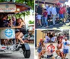 A group of happy people are enjoying a ride on a multi-passenger pedal-powered vehicle in an urban setting