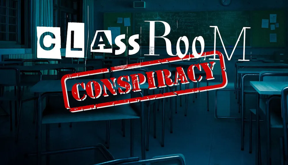 This image depicts a dark classroom with the words CLASSROOM CONSPIRACY in bold partially obscured text superimposed over the scene creating a mysterious or dramatic atmosphere