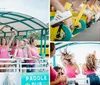 A group of people wearing matching pink tank tops that say bride and bride tribe are enjoying a celebration on a boat
