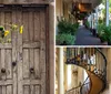 The image shows a shaded outdoor gallery lined with shops and potted plants featuring a sign for Shiprock Santa Fe