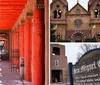 The image features a covered walkway with brightly painted artistic columns displaying vibrant patterns and colors under a terracotta-red overhang with people walking in the distance