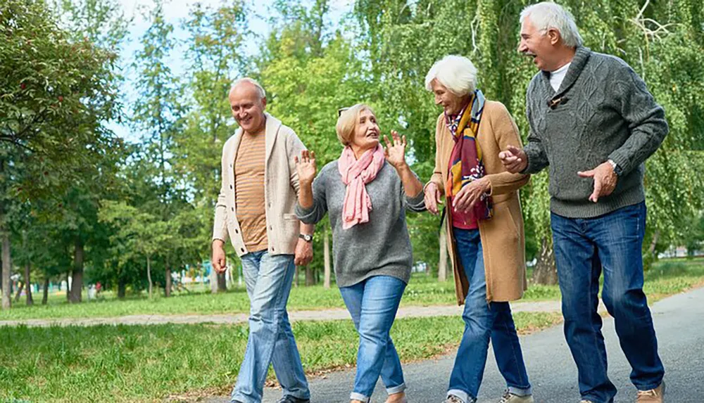 Four senior adults are enjoying a lively conversation while walking together in a green park