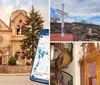 A pair of smartphones displaying a tour guide application are superimposed in the foreground of an image featuring a historic church with twin bell towers