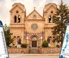 A pair of smartphones displaying a tour guide application are superimposed in the foreground of an image featuring a historic church with twin bell towers