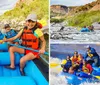 A group of excited people including children and adults wearing safety gear are white-water rafting in a turbulent river