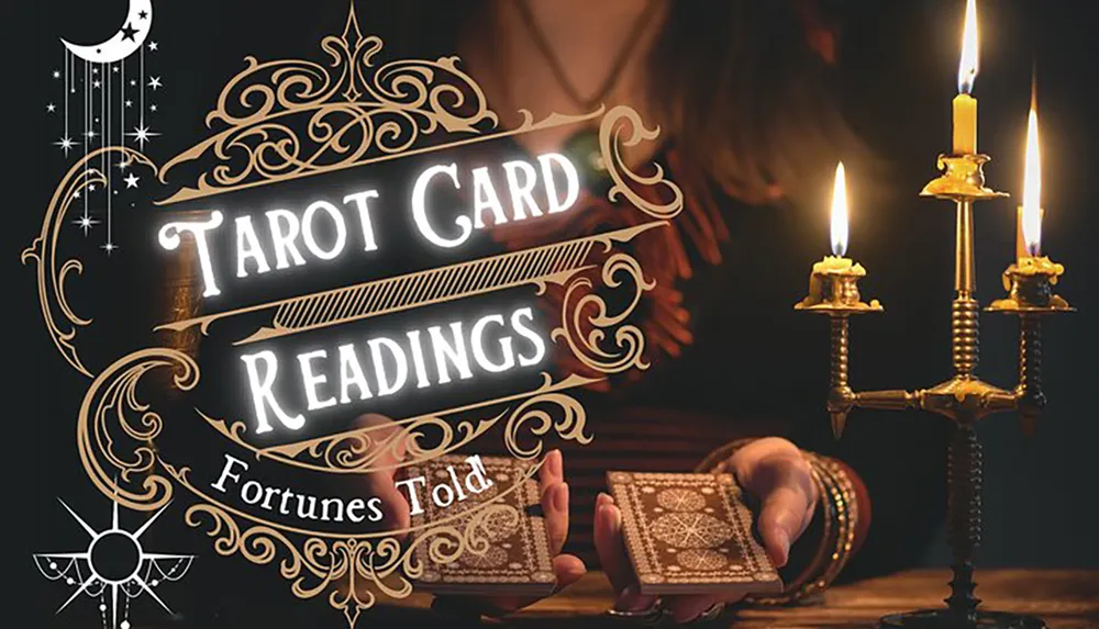 The image features a set of tarot cards being held by a person with lit candles on either side against a backdrop that includes the text Tarot Card Readings with ornate designs and mystical symbols