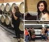 A group of people is attending a wine barrel tasting or winery tour guided by an expert