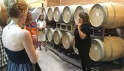 A group of people is attending a wine barrel tasting or winery tour, guided by an expert.