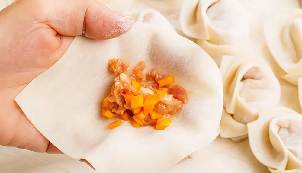 A hand is shown preparing dumplings with a meat and vegetable filling