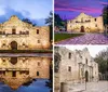 The image shows the historic Alamo Mission in San Antonio Texas at twilight with its facade beautifully illuminated and reflected on a water surface in the foreground