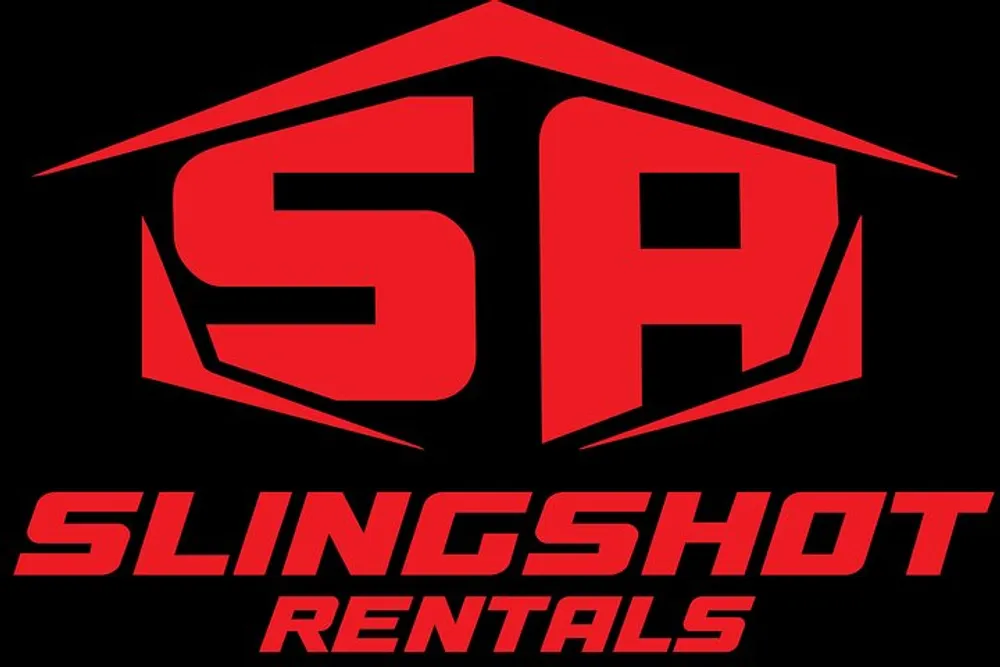 The image displays a graphic logo with the letters SS in a stylized format accompanied by the words SLINGSHOT RENTALS in capitalized red font on a black background