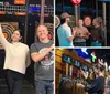 Three friends are enjoying a fun moment in a bar with one of them playfully holding a dart mid-throw while another holds a cocktail all surrounded by various bar signage and a person in the background