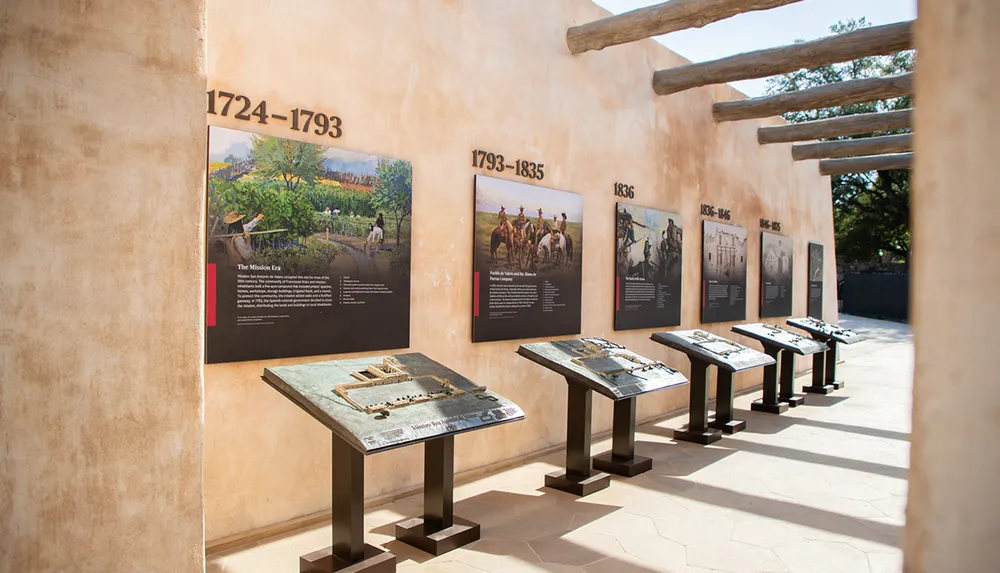 The image shows an outdoor historical exhibit with a series of informational panels and models on pedestals under a sheltered passageway