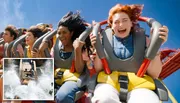 A group of thrilled riders experience the excitement of a roller coaster, while a picture inset shows additional amusement in the form of a water ride.