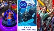 The image is a promotional collage for a city attractions pass, featuring people enjoying a dinner cruise, a close-up of an orca underwater, and individuals experiencing thrill on a roller coaster.