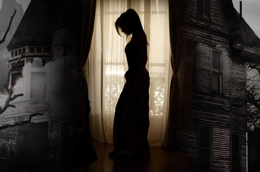 A solitary silhouette of a person is standing by a window with sheer curtains against a backdrop of a dark possibly haunted house